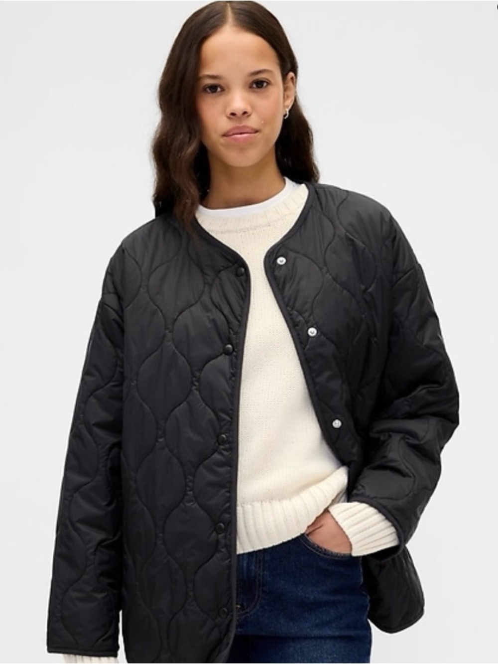 GAP Black Quilted Snap-Front Puffer Jacket